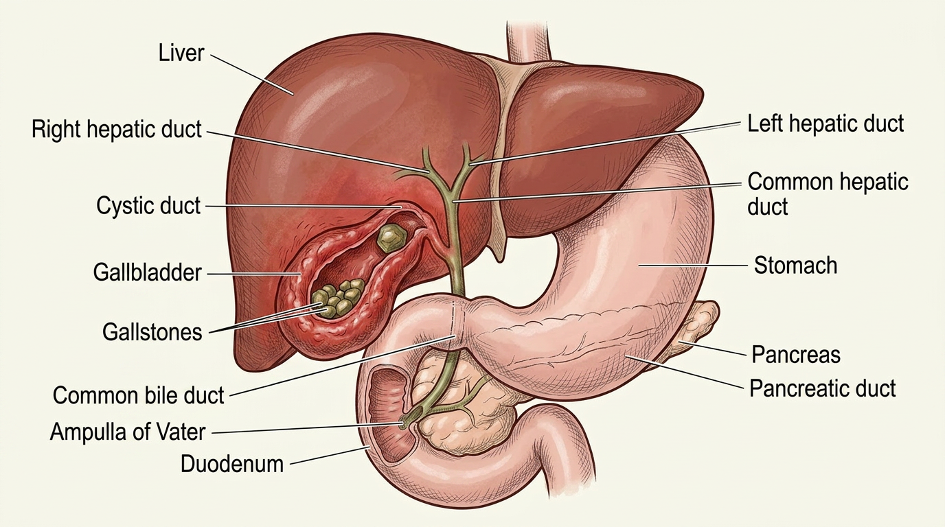 Biliary anatomy in cross-section with a gallstone impacted at the neck of an inflamed gallbladder.