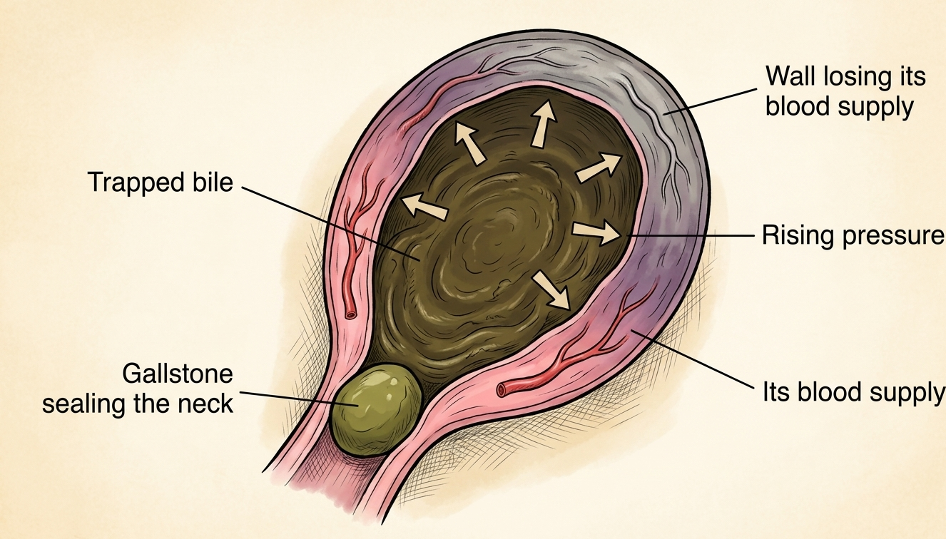 Cutaway of a sealed gallbladder showing trapped bile, rising pressure, and a wall losing its blood supply.