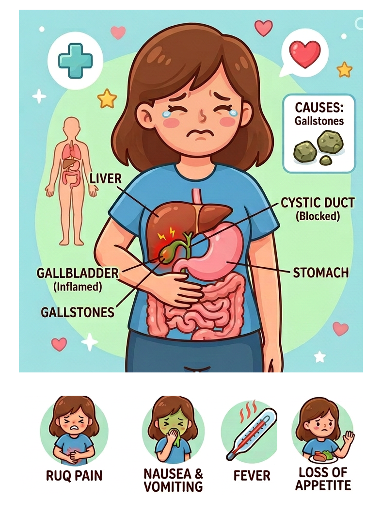 Illustration of a patient with a blocked cystic duct and inflamed gallbladder, beside panels for right upper quadrant pain, nausea and vomiting, fever, and loss of appetite.