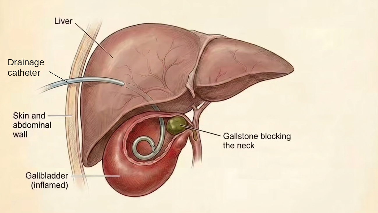 A percutaneous transhepatic gallbladder drain passing through the skin and the edge of the liver into an inflamed gallbladder.