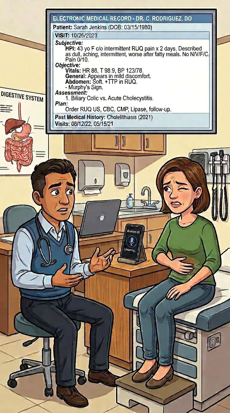 Dr. Rodriguez talking with a patient in clinic, with an ambient AI device on the counter and her electronic medical record shown above