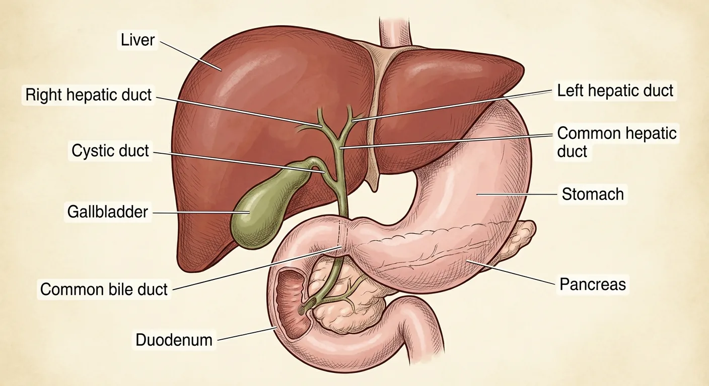 Accurate, labeled illustration of the liver, gallbladder, bile ducts, stomach, pancreas, and duodenum