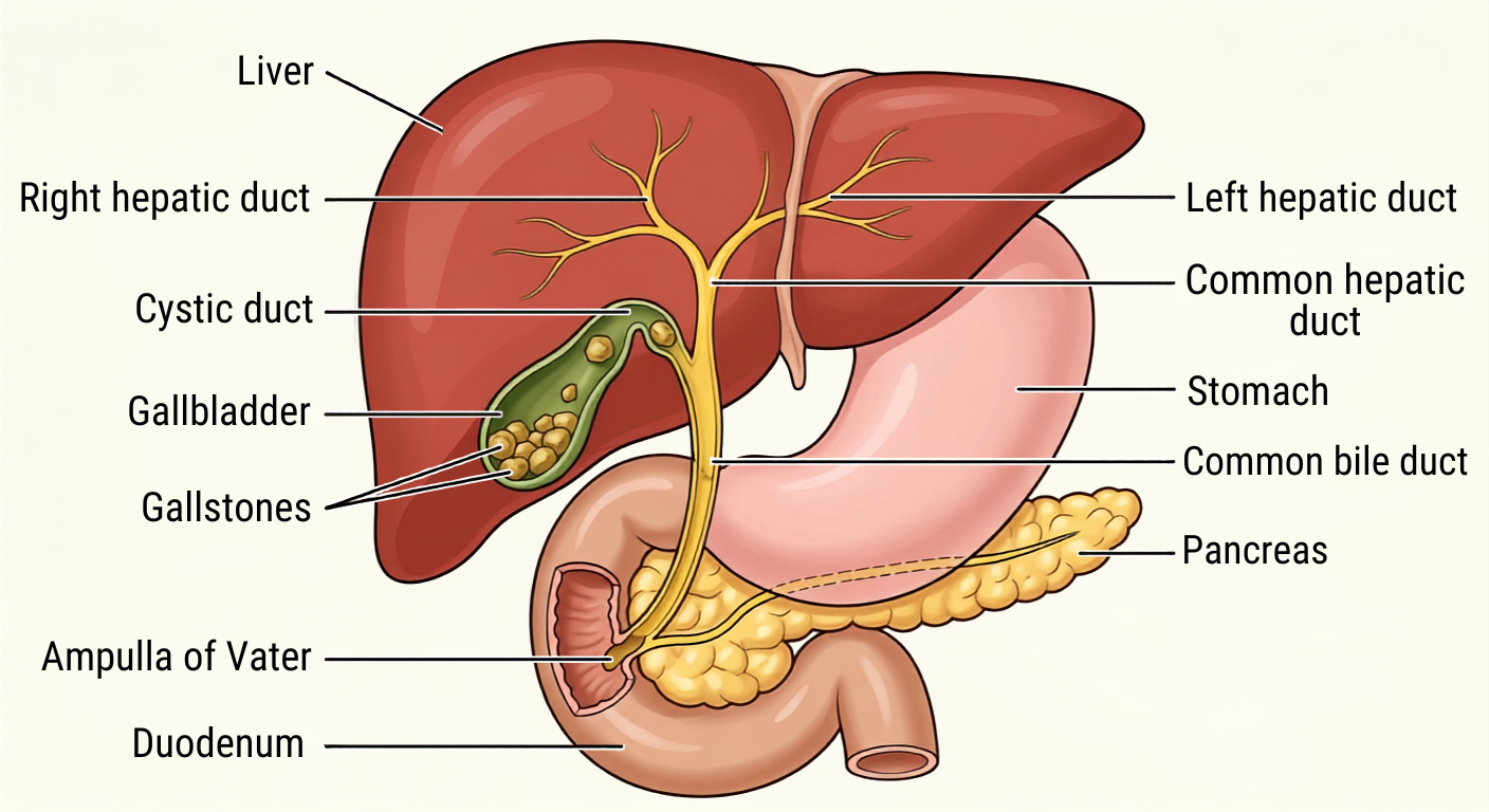 Diagram of gallstones collected in the gallbladder, whose only outlet is the cystic duct; a stone lodged at the neck turns a normal squeeze into right upper quadrant pain.