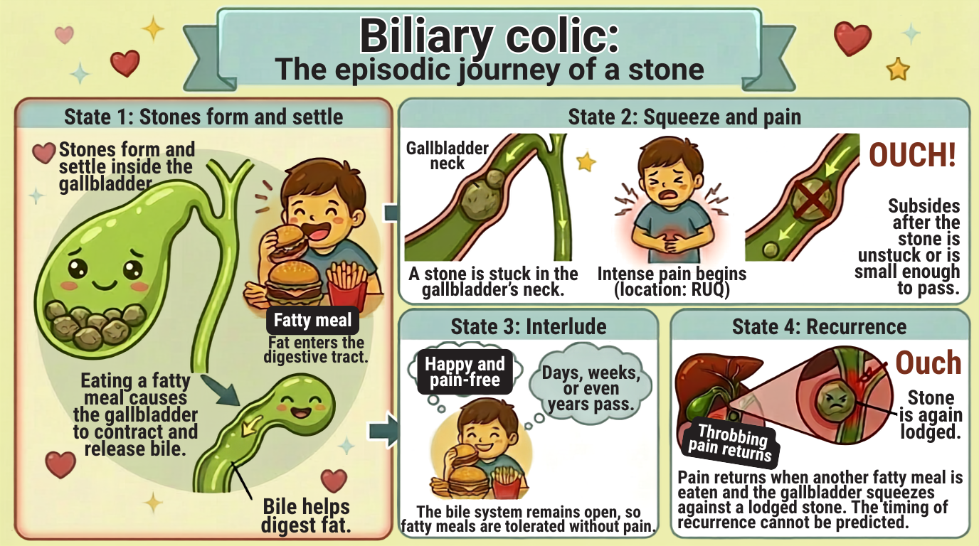 Illustration of the biliary colic cycle: a stone lodges and pain flares, the stone frees and calm returns, then another fatty meal can start it over, with no way to predict the timing.
