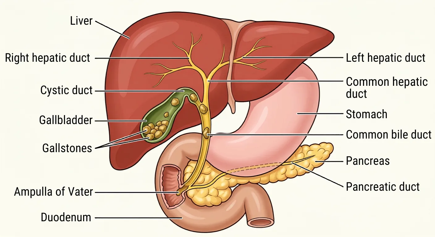 The biliary tree in cross-section with a gallstone lodged in the common bile duct below the junction with the cystic duct.