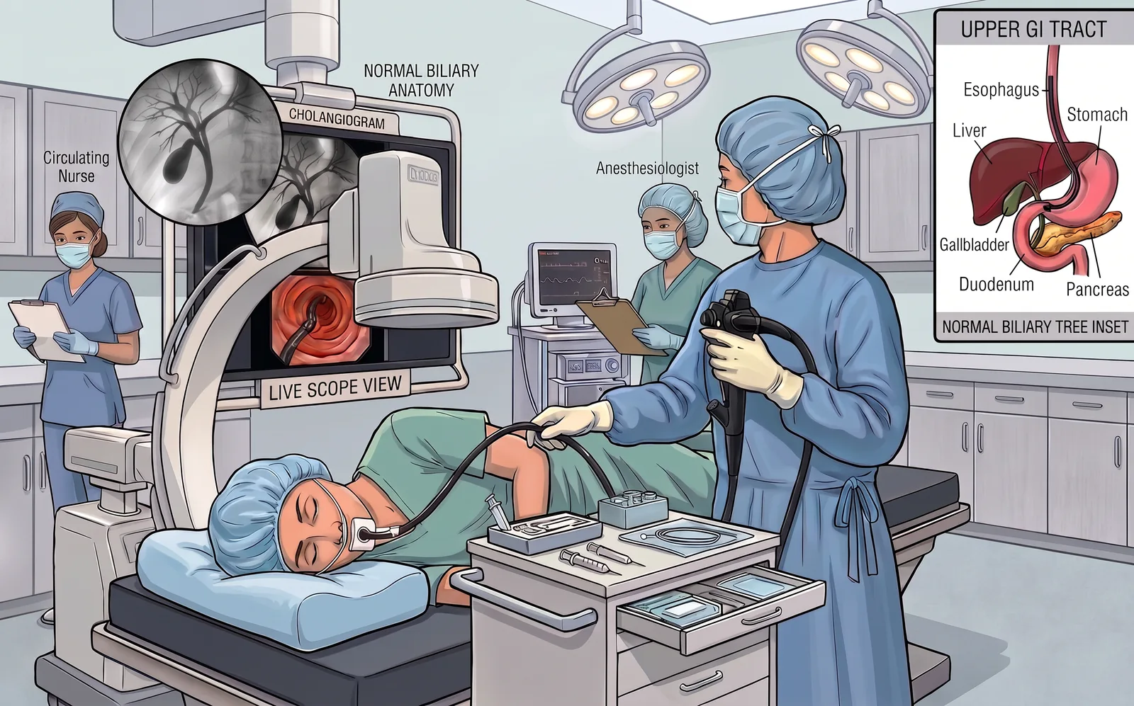 An ERCP in progress in the endoscopy suite, with a cholangiogram displayed on the live screen.