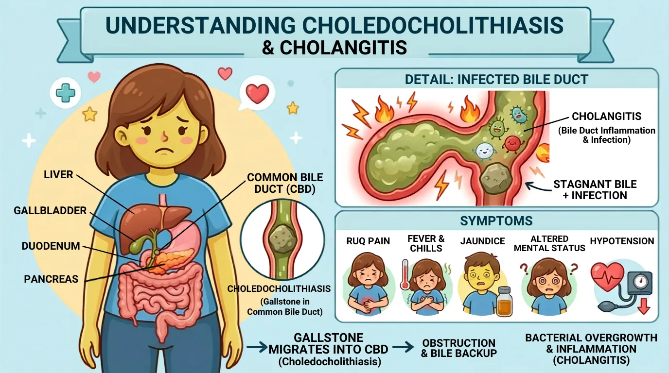 Cartoon of a blocked bile duct with infected bile trapped behind the stone, beside the warning signs.