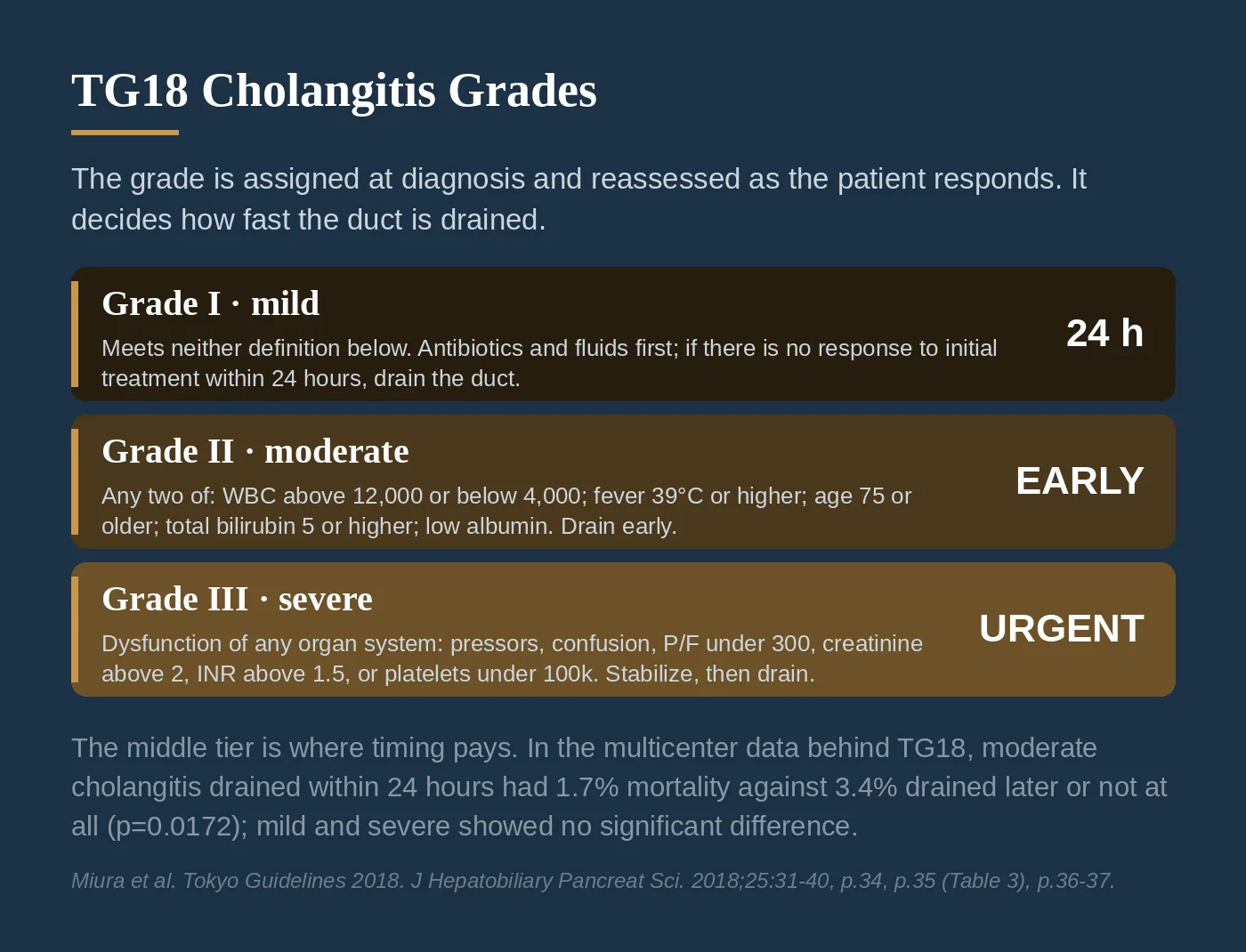 The three TG18 cholangitis grades with the treatment and the drainage timing attached to each.