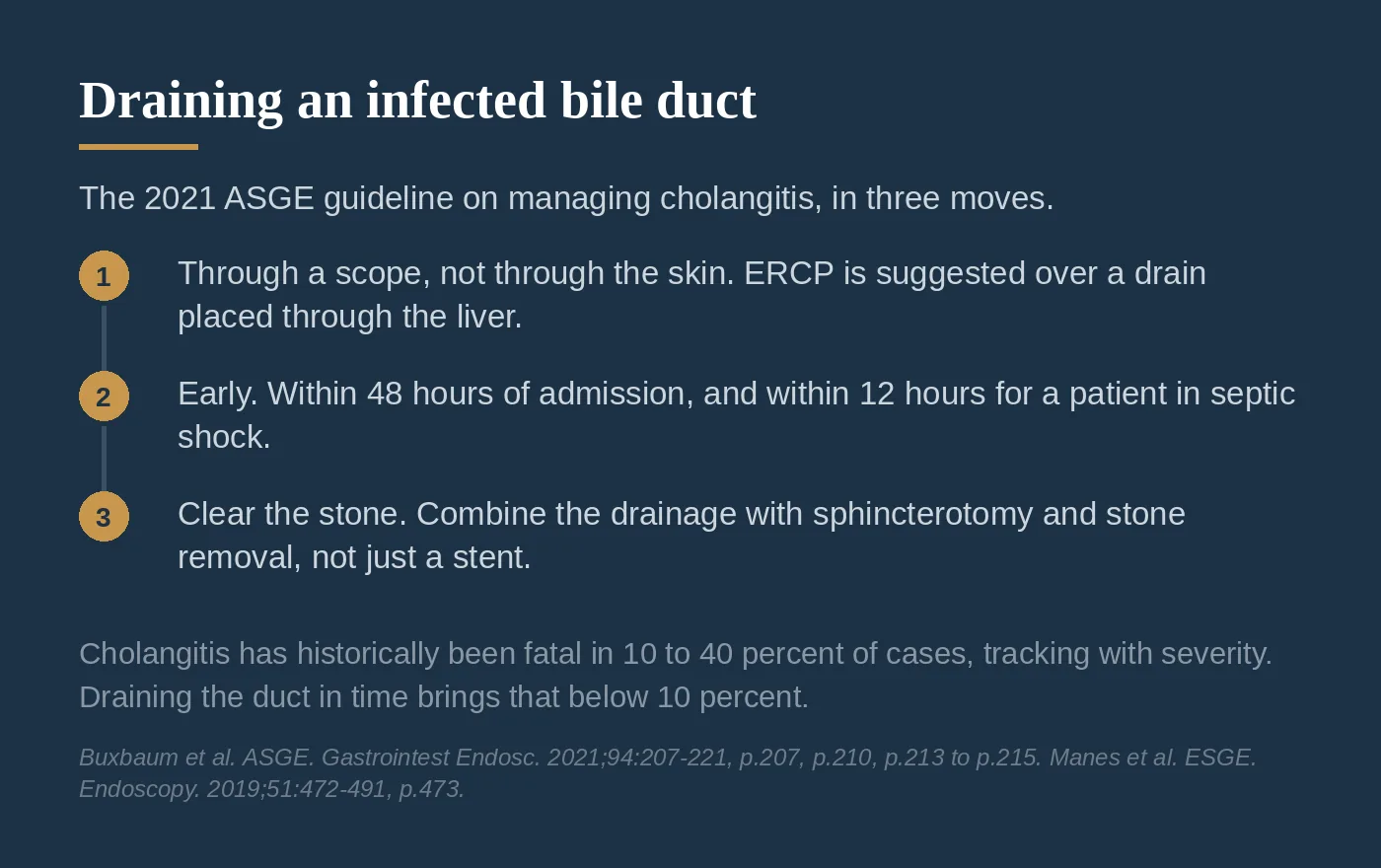 The three 2021 ASGE recommendations for draining an infected bile duct: internal drainage, early drainage, and clearing the stone.