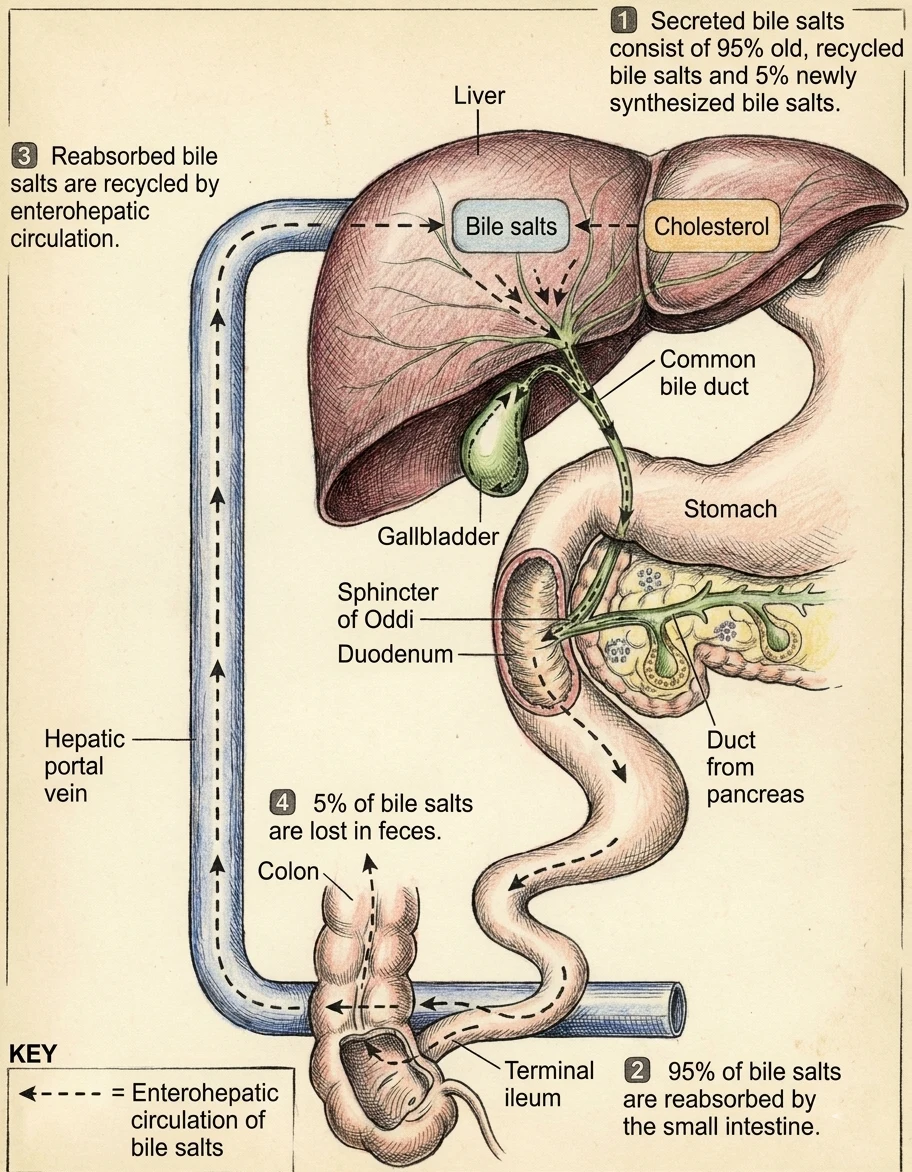 Anatomical drawing of the bile acid circuit. Bile salts made from cholesterol in the liver travel down the common bile duct into the duodenum. Ninety-five percent are reabsorbed in the last section of the small intestine and return to the liver in the portal vein. Five percent are lost in the stool. The gallbladder hangs off the duct system to the side.