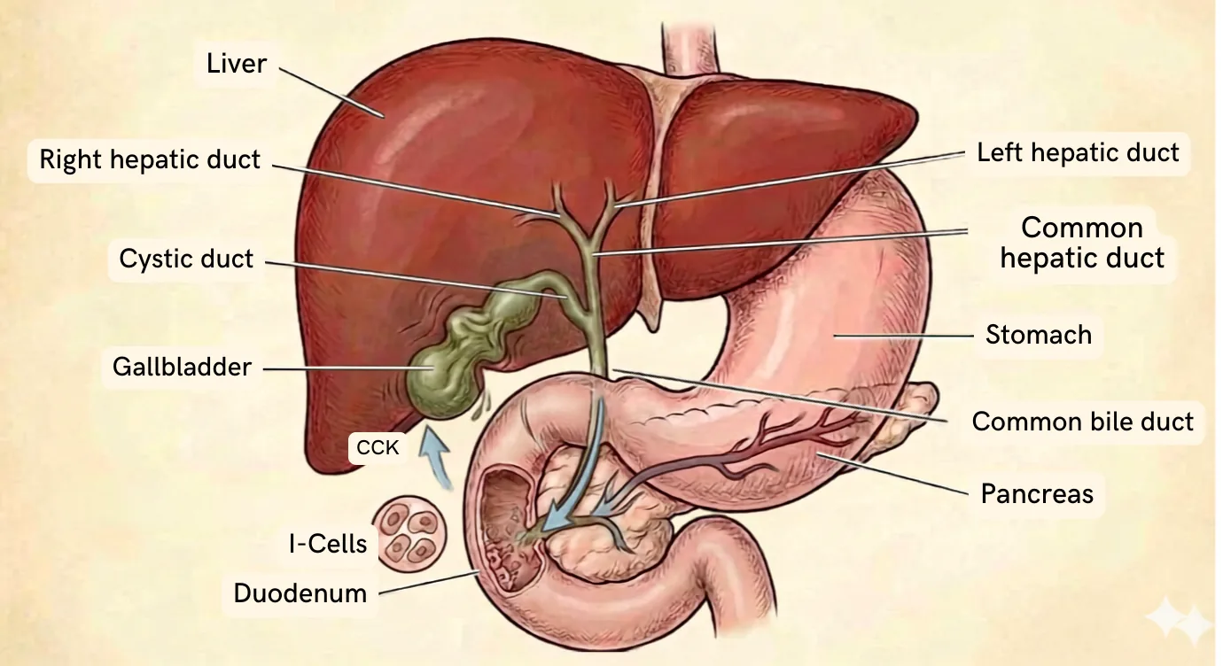 Diagram showing I-cells in the duodenum sensing fat and releasing CCK, which signals the gallbladder to contract and the sphincter of Oddi to relax