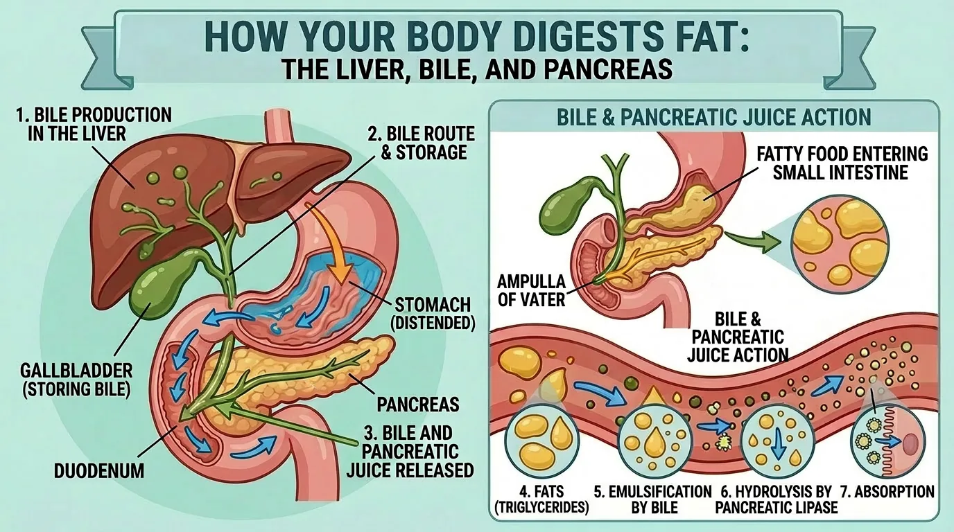 Diagram showing the complete pathway from gallbladder contraction through bile release and fat emulsification to absorption in the small intestine