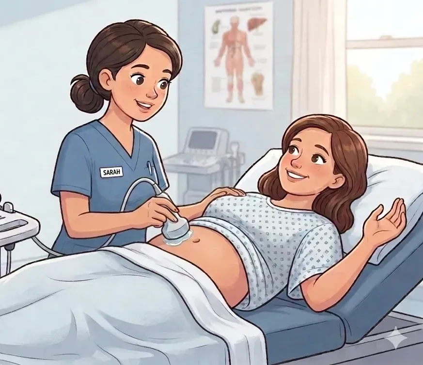 A sonographer holding an ultrasound probe against a patient's abdomen while the patient lies on an exam table.