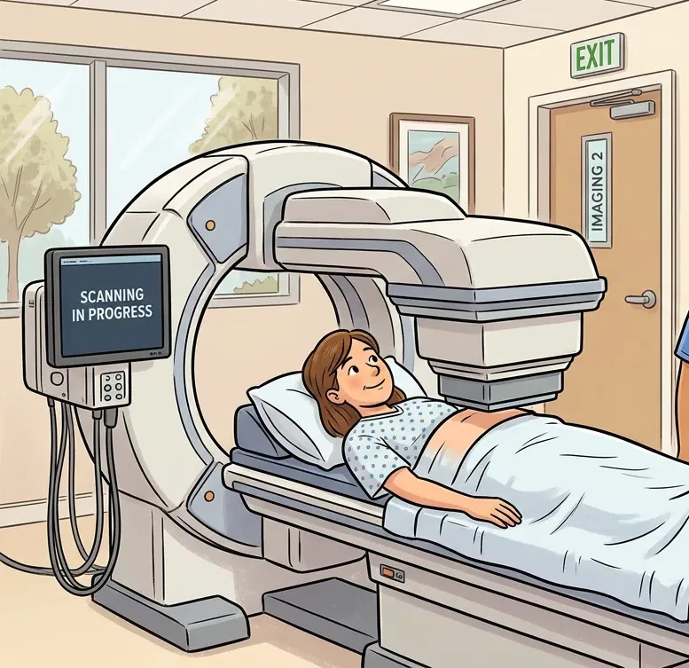 A patient lying on a scanner table beneath a flat gamma camera detector in a nuclear medicine room.