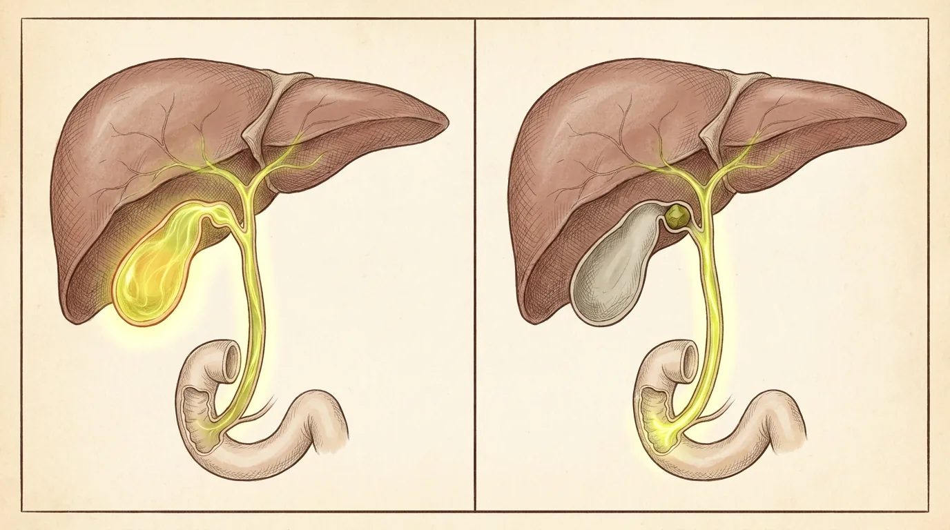 Two side by side illustrations of the liver, gallbladder and bile duct, one with the gallbladder filled with tracer and one with it empty.