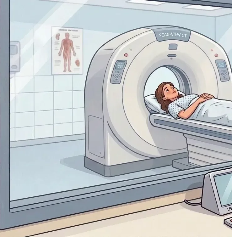 A patient lying on a table entering the ring shaped opening of a CT scanner, seen from a control room.