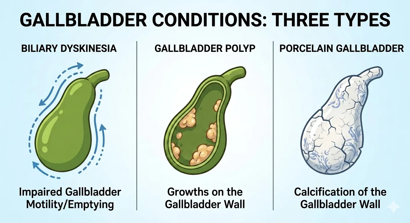 Three side-by-side gallbladder illustrations: biliary dyskinesia with arrows showing impaired emptying, a gallbladder with polyps growing from the lining, and a porcelain gallbladder with a white, cracked, calcified wall.