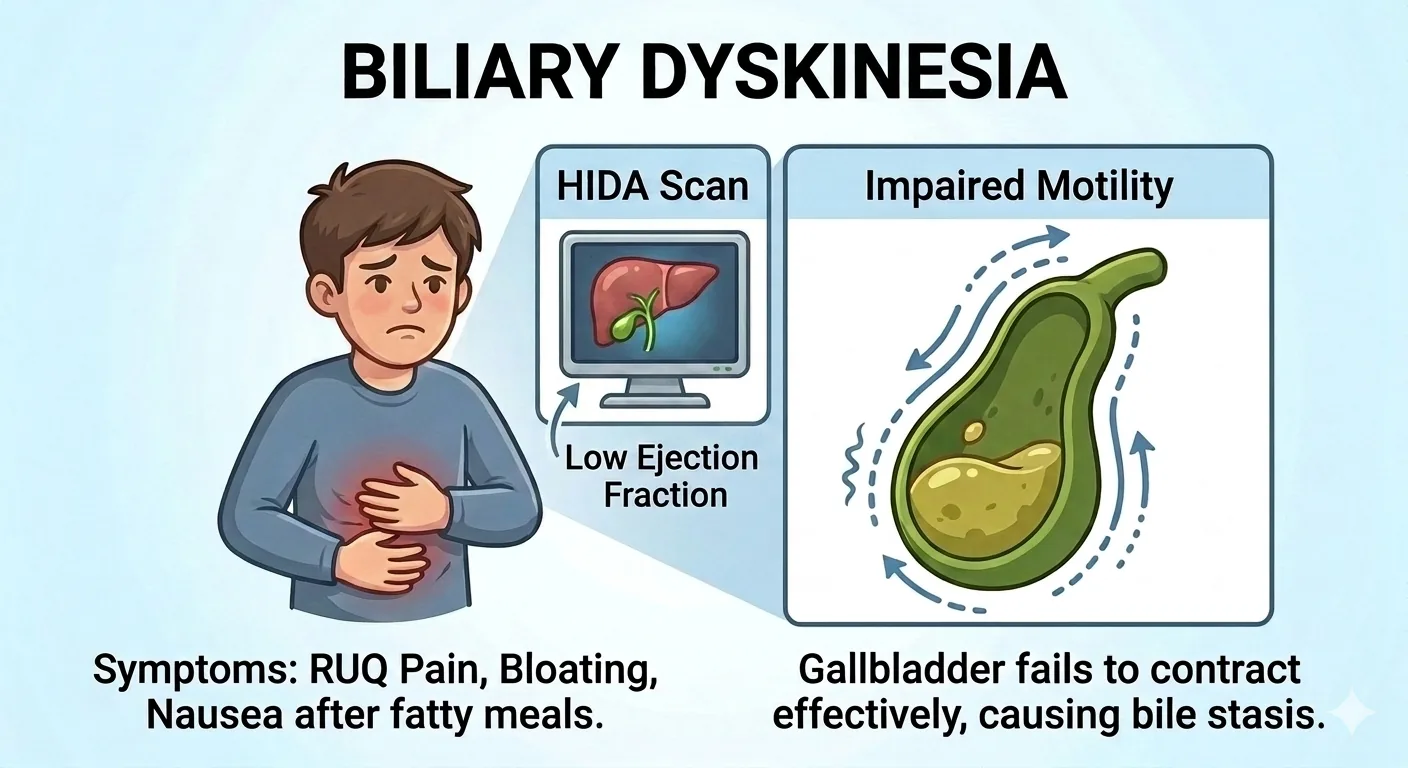 Illustration of a normal-appearing gallbladder on ultrasound alongside a depiction of impaired emptying, the functional problem a CCK-HIDA scan is designed to measure.