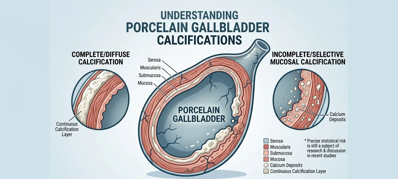 Cross-section of a calcified gallbladder wall with the four wall layers labeled, flanked by two detail circles: complete diffuse calcification forming a continuous layer on the left, and patchy selective mucosal calcium deposits on the right.