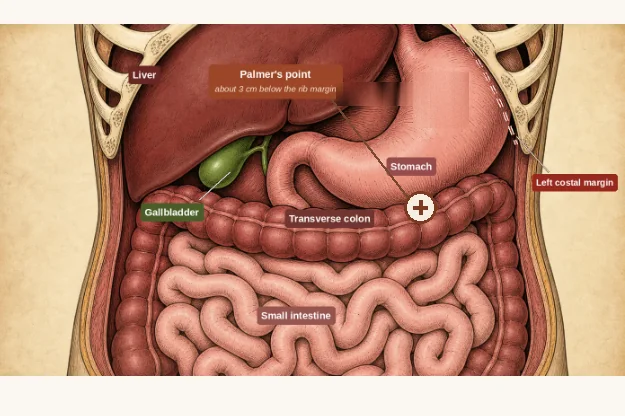 Palmer's Point marked on an anatomical illustration of the abdomen: high on the patient's left, about 3 cm below the rib margin, over the stomach and away from the liver and gallbladder.