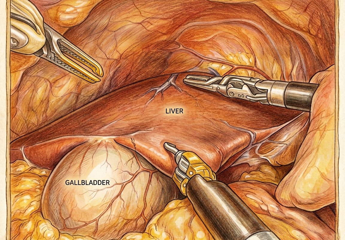 Illustration of the first view inside the abdomen: the underside of the liver with the gallbladder below its edge, and three instruments approaching.