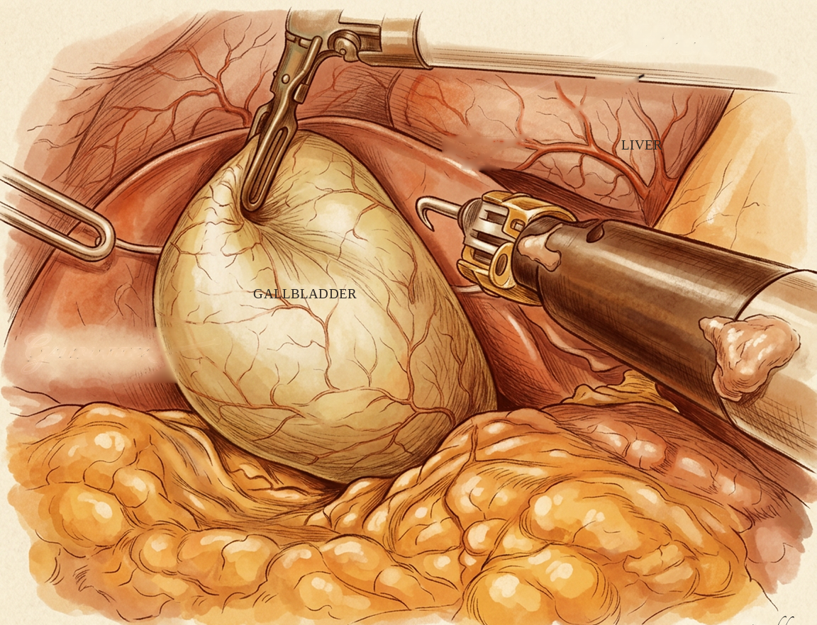 Illustration of the fundus of the gallbladder grasped by an instrument and lifted up over the edge of the liver.