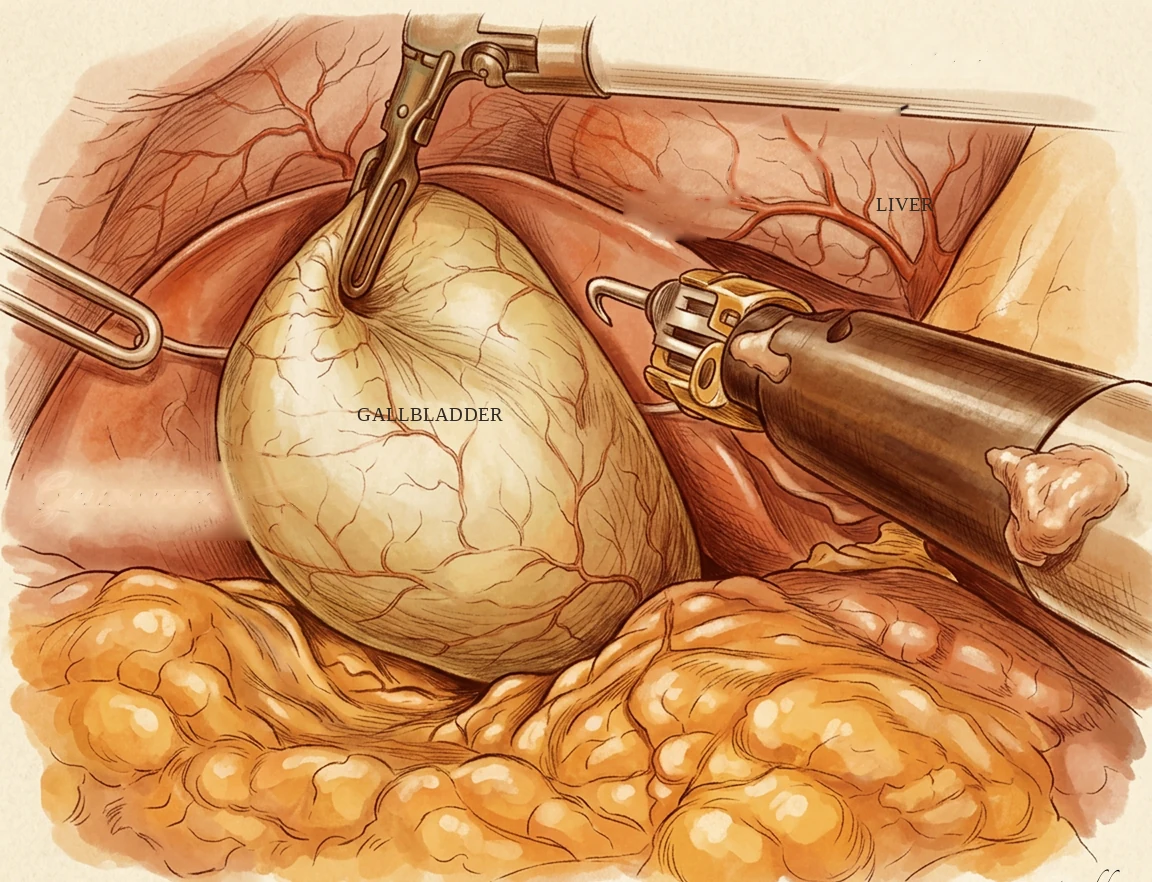 Illustration of the fundus of the gallbladder grasped by an instrument and lifted up over the edge of the liver.