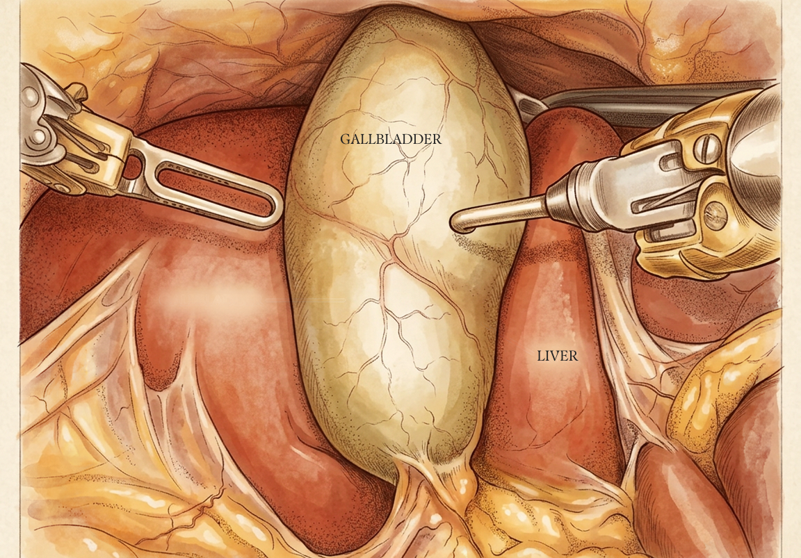 Illustration of the gallbladder held between two instruments with the liver behind it, the working space now open.