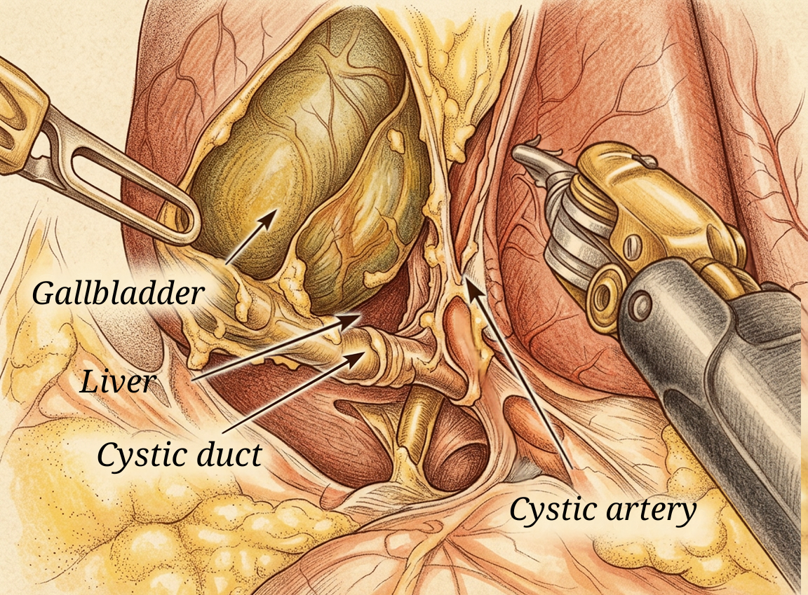 Labeled illustration of the cystic duct and cystic artery isolated at the neck of the gallbladder, with the liver behind.