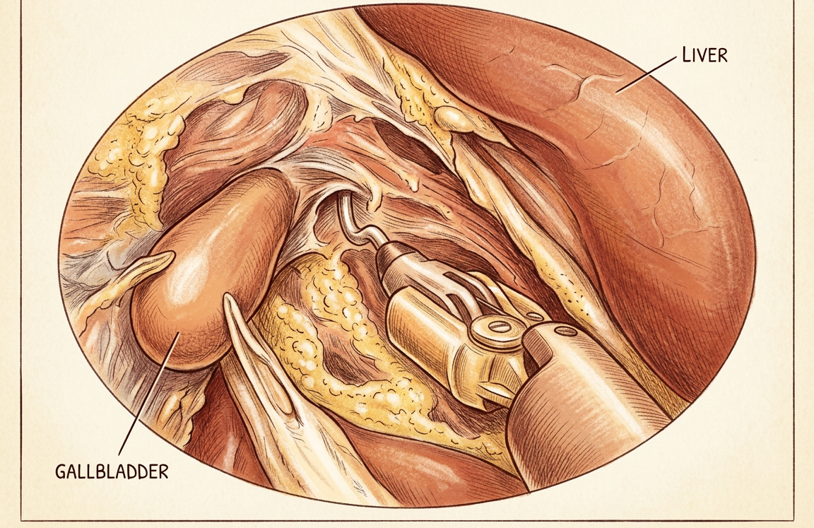 Illustration of the gallbladder being lifted away from its bed on the underside of the liver with a hook cautery instrument, the liver to the right.