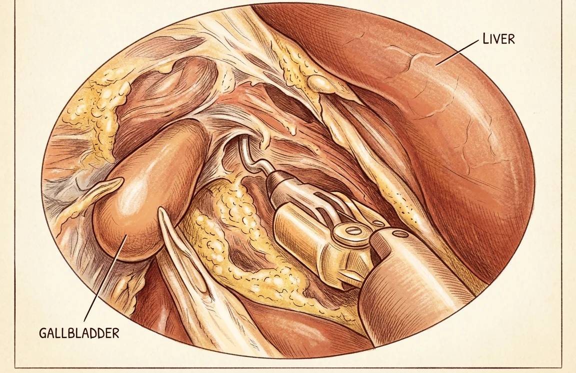 Illustration of the gallbladder being lifted away from its bed on the underside of the liver with a hook cautery instrument, the liver to the right.