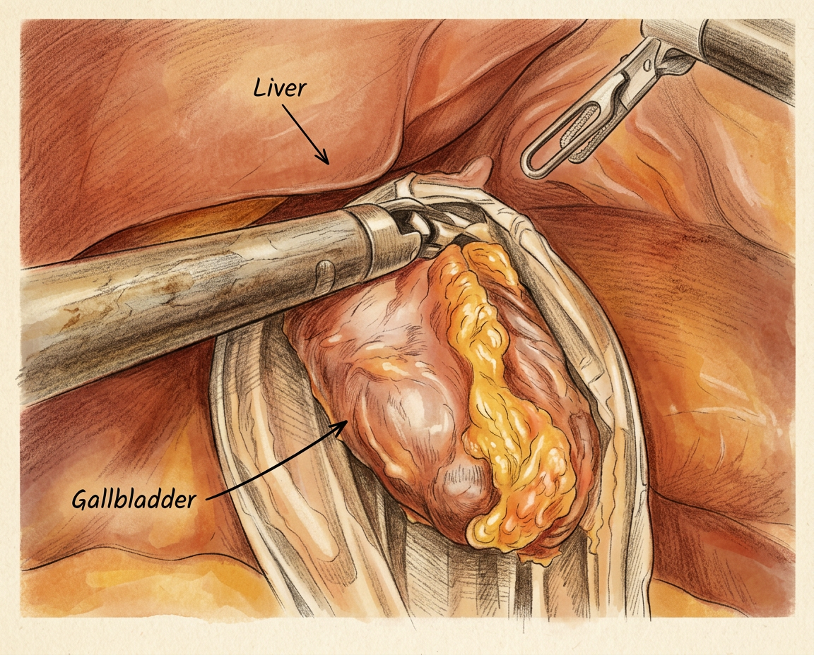 Illustration of the freed gallbladder being placed into a retrieval bag, with the liver above.