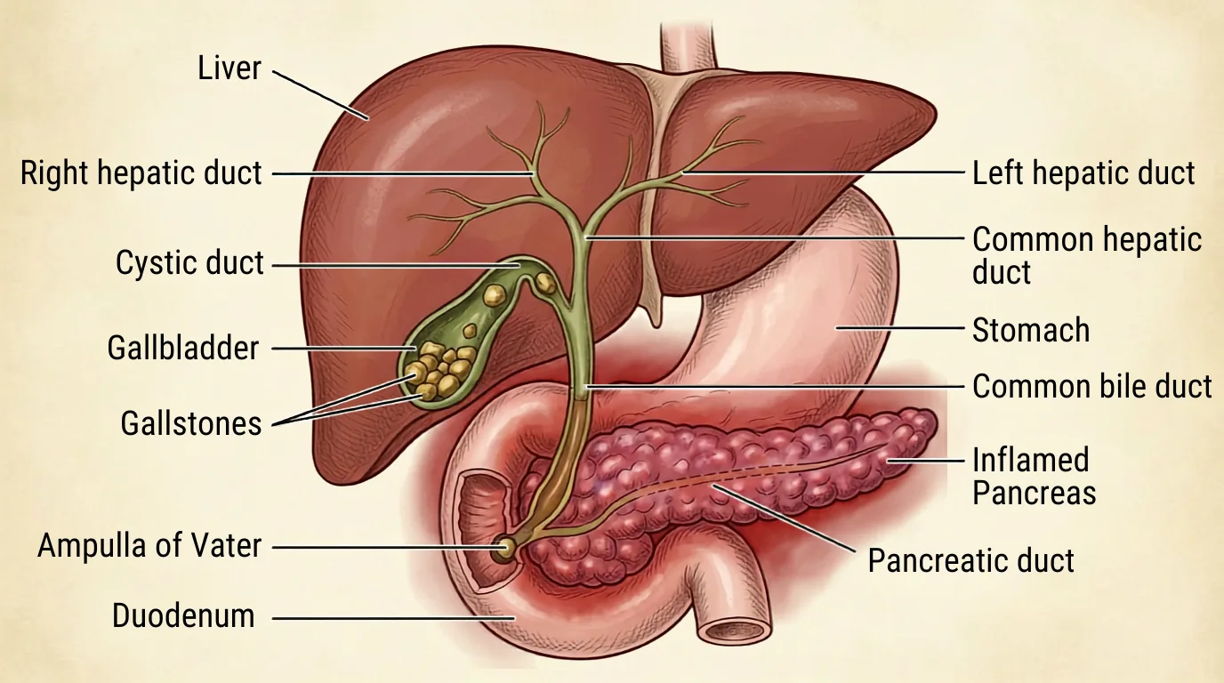 The common bile duct and the pancreatic duct converging at the ampulla of Vater, with the pancreas behind it inflamed.