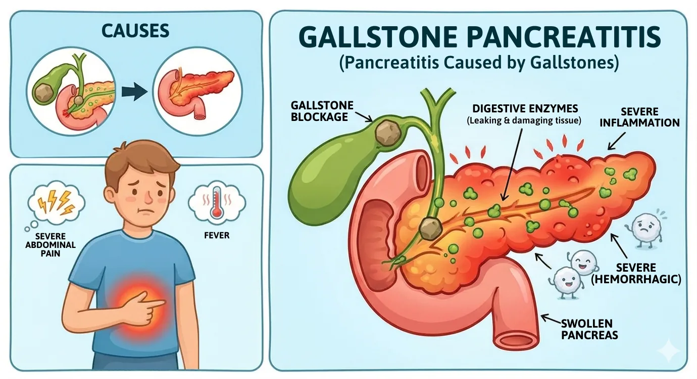 Illustration of a gallstone blocking the shared duct opening, digestive enzymes leaking into inflamed pancreatic tissue, and the symptoms a patient feels.