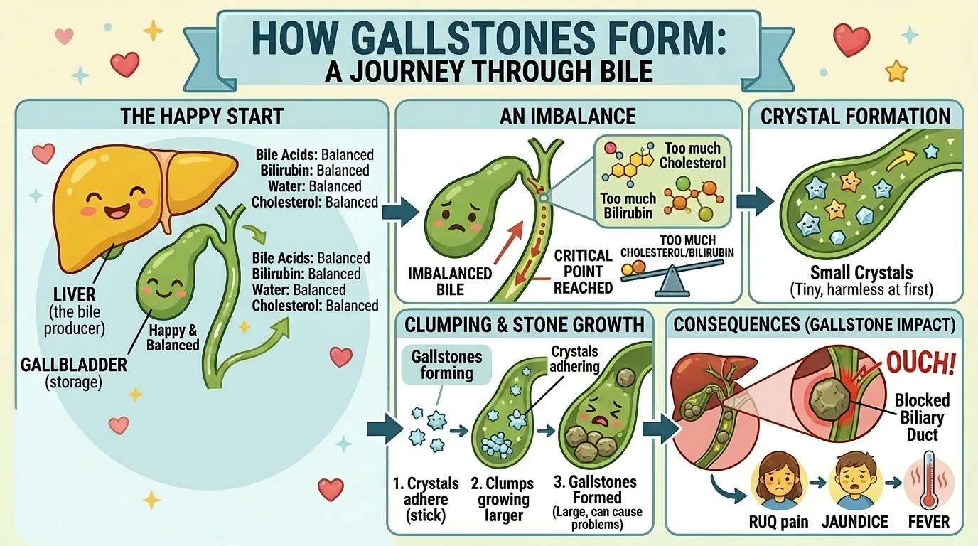 Infographic showing how gallstones form, from balanced bile to too much cholesterol, crystals, sludge, and a stone that can block the biliary duct and cause pain, jaundice, or fever