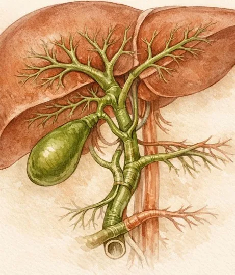 AI-generated illustration of the biliary tree with inaccurate, extra bile ducts that do not exist in human anatomy