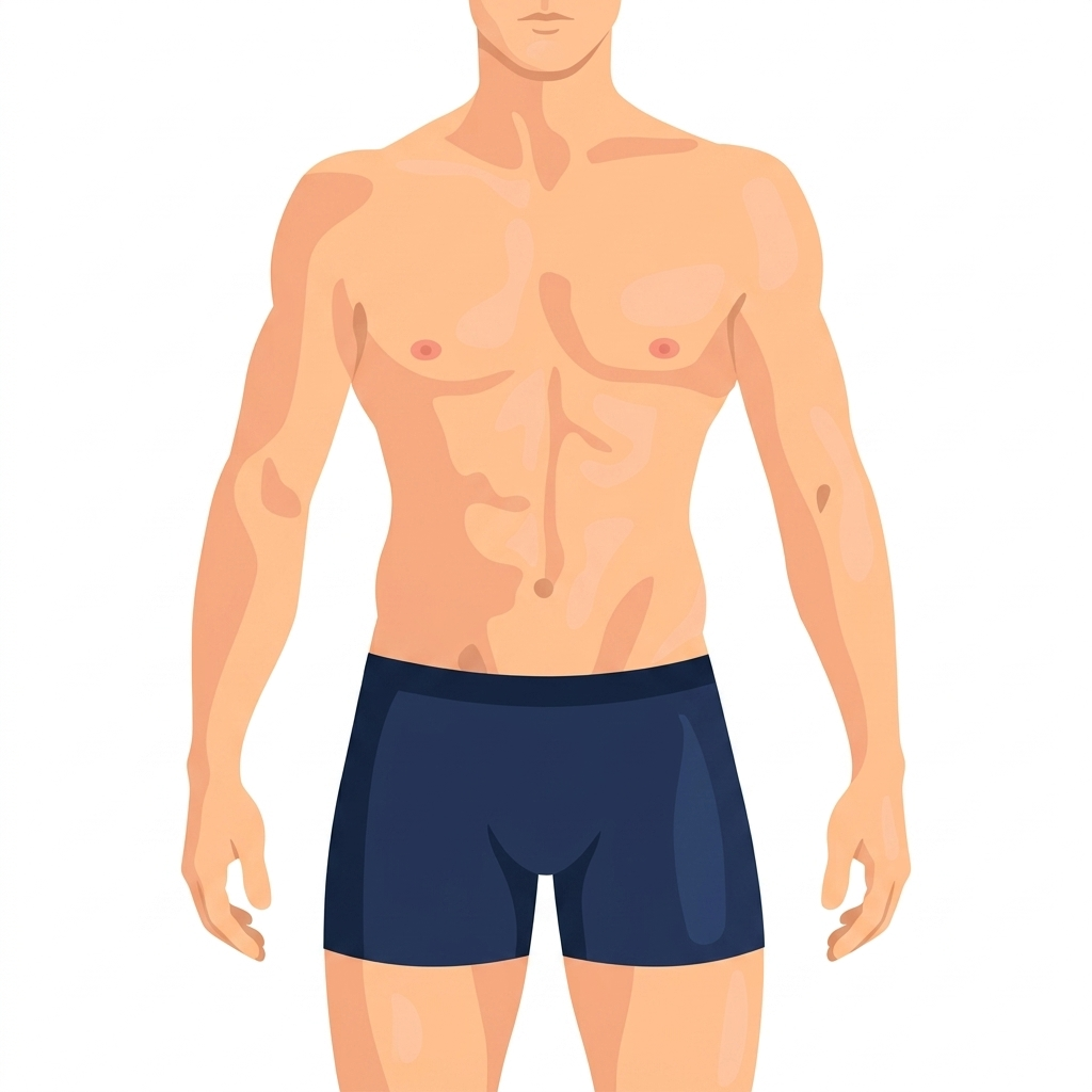 Front view of the human body from the chest to the upper thighs