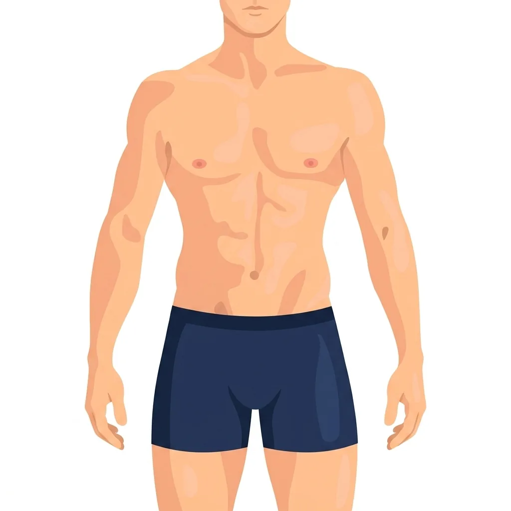Front view of the human body from the chest to the upper thighs