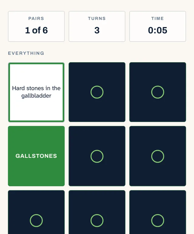 Doctor Talk on a phone: a grid of face down cards with one matched pair turned up, biliary colic and gallbladder pain attack.