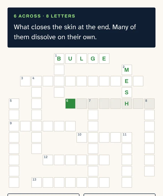 Surgical Crossword on a phone: a clue about what closes the skin at the end of surgery, above a partly filled grid.