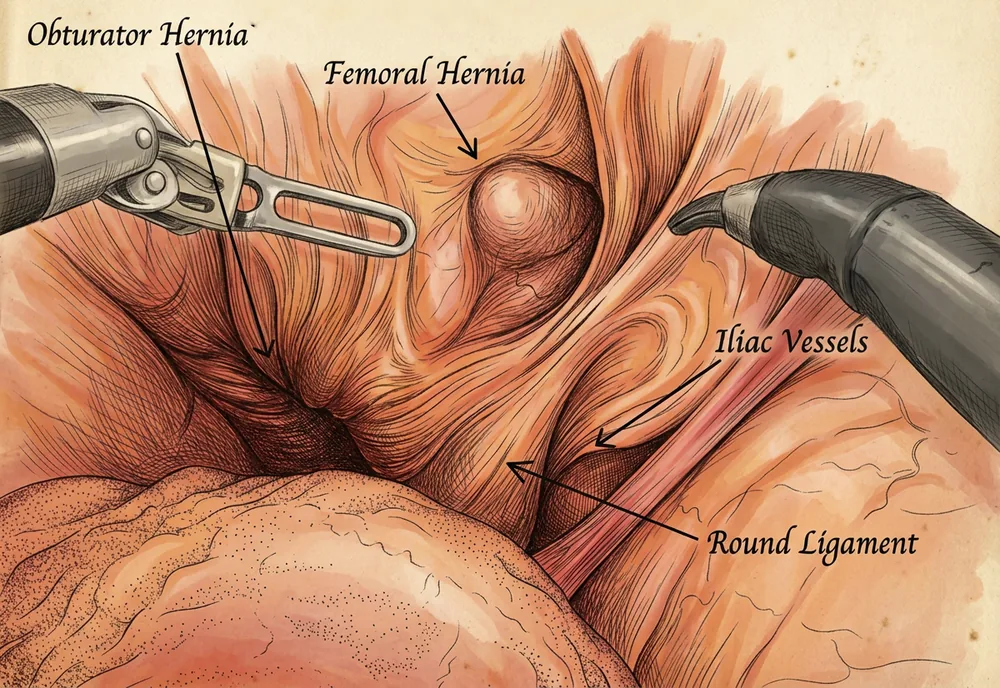 Illustration of the inside of a woman's pelvis during a robotic repair, with labels for a femoral hernia, an obturator hernia, the iliac vessels and the round ligament, and two robotic instruments.