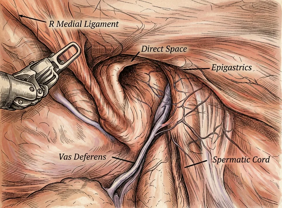 Illustration of the inside of the right groin during a robotic repair, showing a direct hernia: a pocket pushing through the floor of the canal on the middle side of the epigastric vessels, with the vas deferens and spermatic cord below it and a robotic instrument at the left.