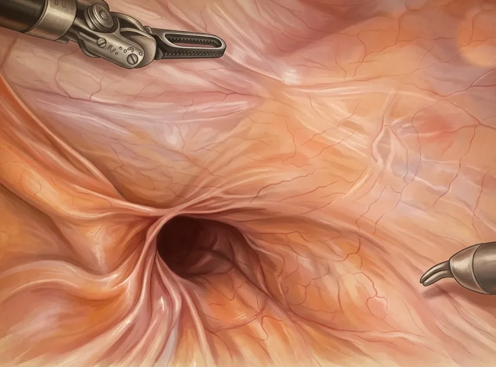 Illustration of the inside of the groin during a robotic repair, showing an indirect hernia: a round opening at the internal ring where the lining of the abdomen slips out, with two robotic instruments.