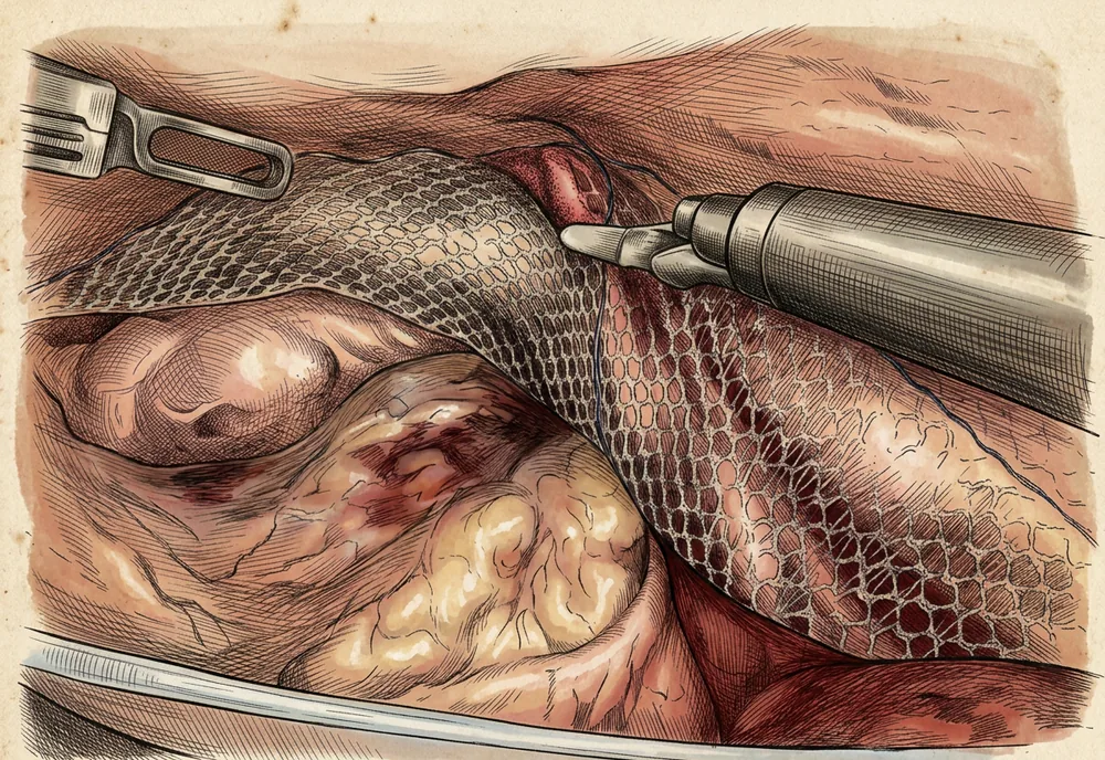Illustration of the inside of the groin during a robotic repair: a sheet of mesh being unrolled and laid flat over the weak area by two robotic instruments.
