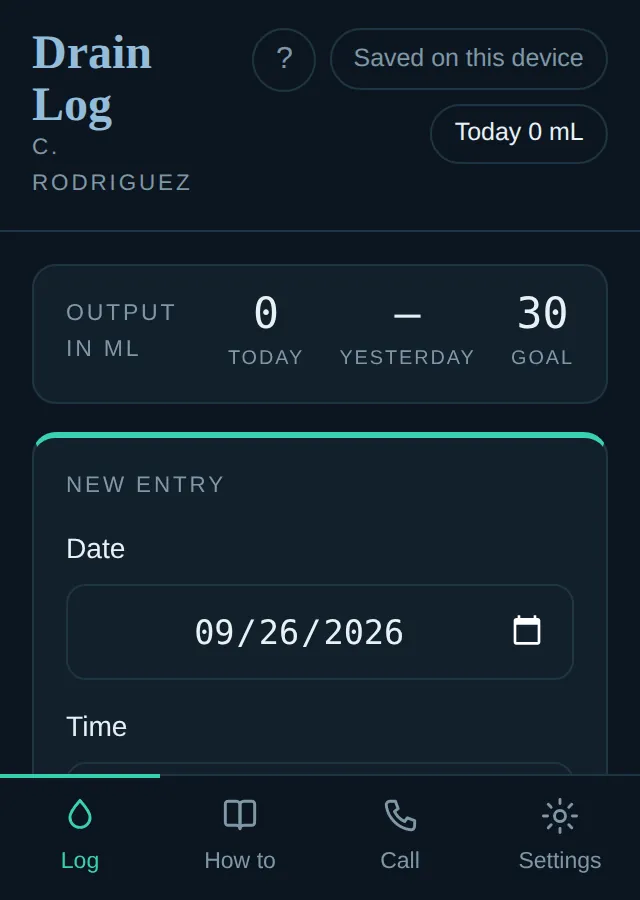 The JP Drain Log on a phone: today's output against the goal, and a new entry form with the date and time.