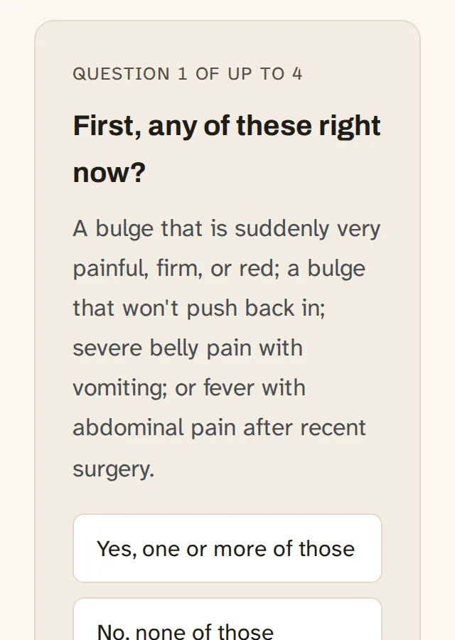 The hernia self-check on a phone: the first question, about warning signs that need the emergency room, with answer buttons.